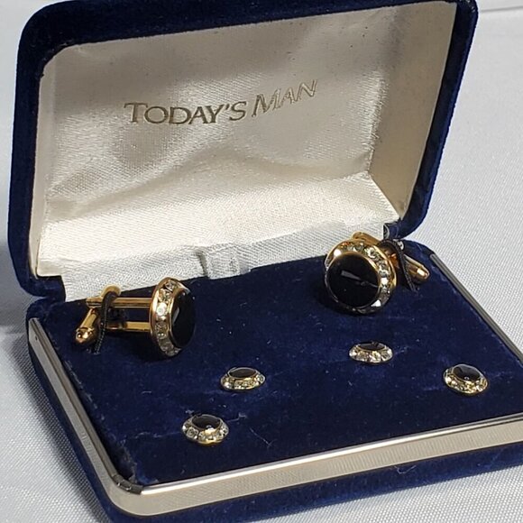 Today's Man Cufflinks Gold-Tone Black Onyx & Crystal Cufflink & Stud Set - Picture 2 of 10